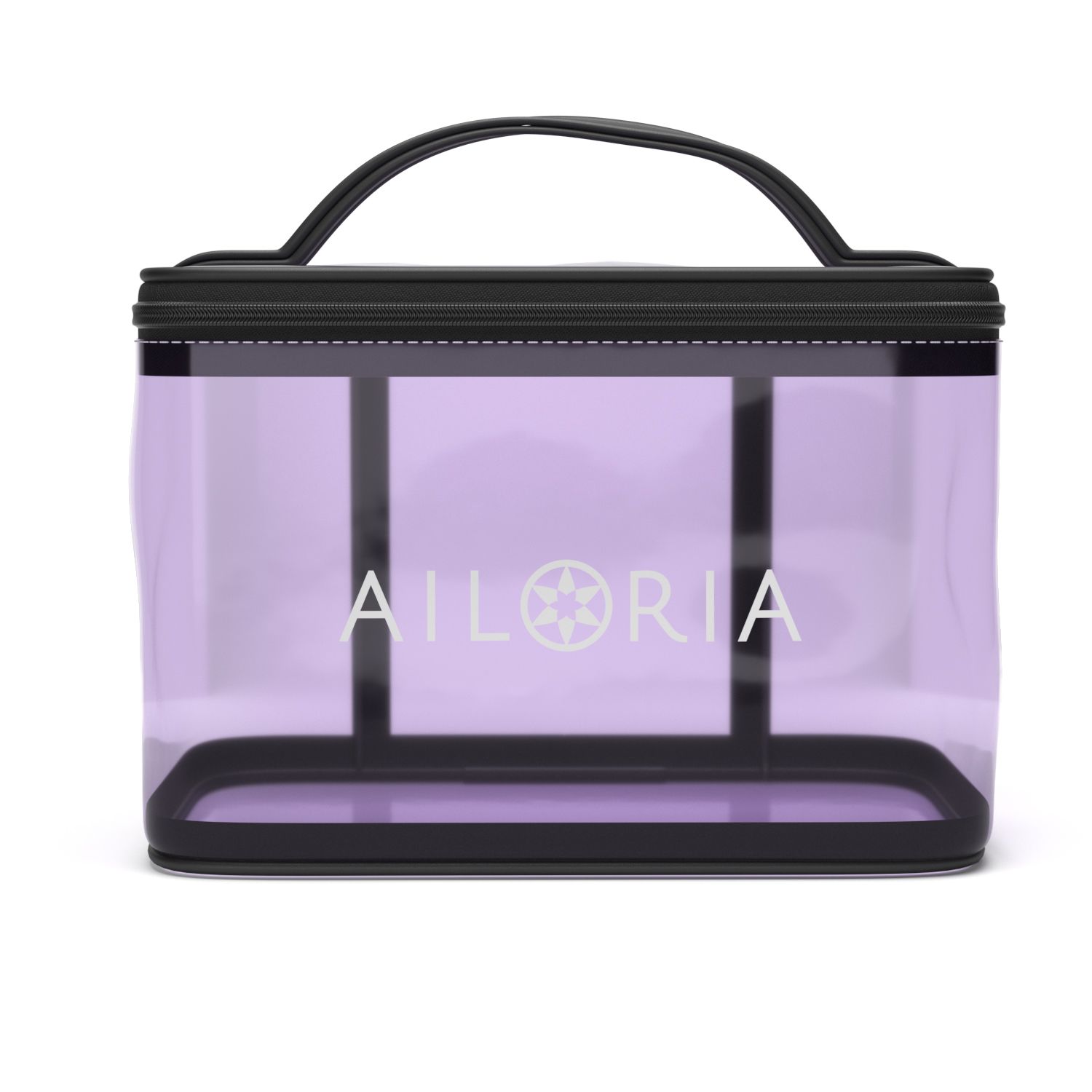 Rechteckige, transparente Kosmetiktasche mit schwarzem Rahmen und Griff. Aufschrift AILORIA in Weiß.