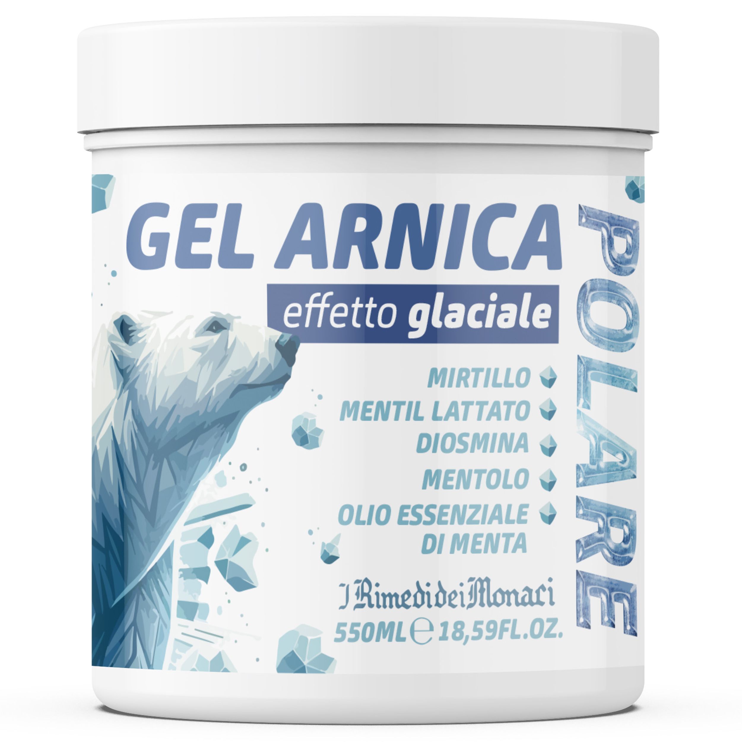Weißes Produktglas mit Text und Eisbär-Illustration. Text: Gel Arnica, effetto glaciale, POLARE. Inhaltsstoffe. Volumen: 550ml, 18,59FL.OZ.