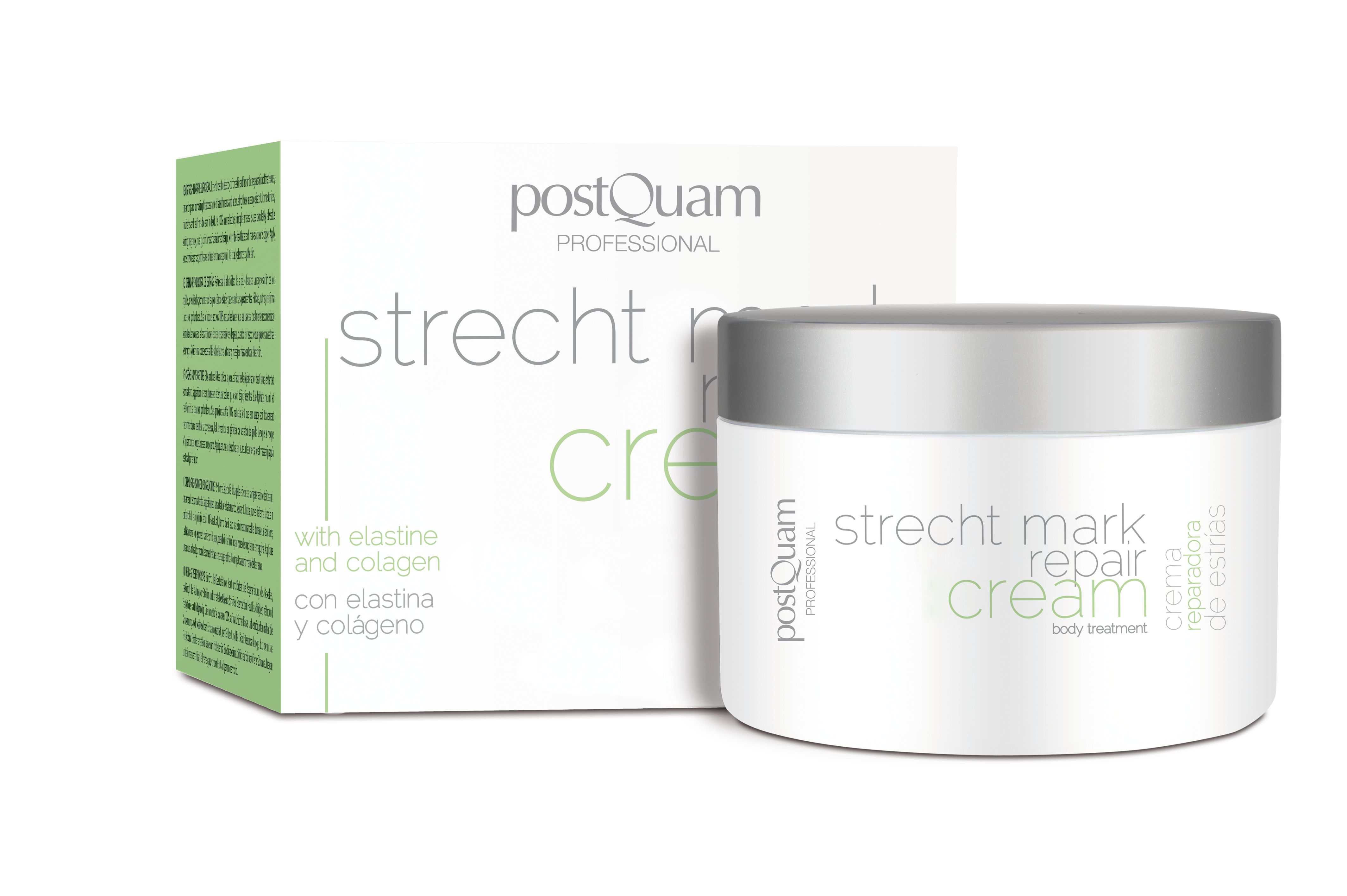 Creme-Tiegel und Schachtel. Aufschrift: Postquam, Strecht mark repair cream. Mit Elastin und Kollagen.
