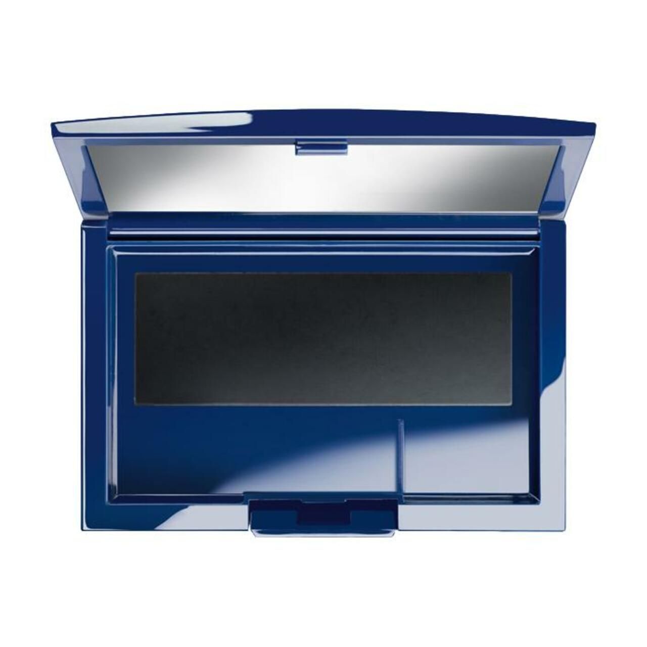 Blaues Beauty Box Quattro, geöffnet, mit Spiegel und leerem Fach. Rechteckige Form.