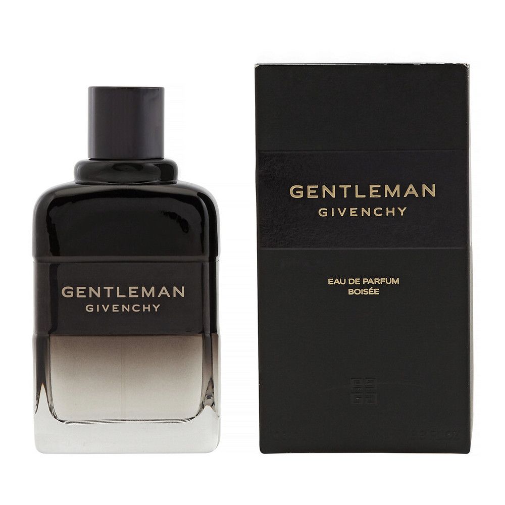 Schwarzer Flakon und Verpackung. Aufschrift: GENTLEMAN GIVENCHY. Eau de Parfum Boisée. Rechteckige Form. Glasflakon mit schwarzem Verschluss.