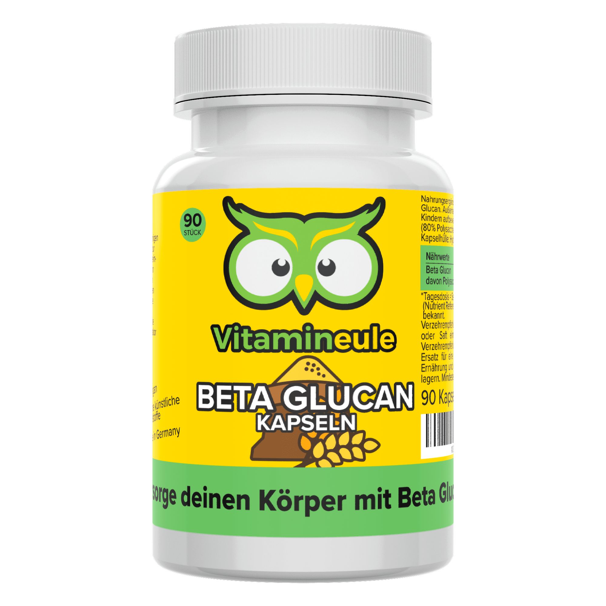 Weißes Pillenbehälter mit gelb-grünem Etikett. Enthält Beta Glucan Kapseln. Aufdruck: Vitamineule, 90 Stück. Mit Eulen-Logo.