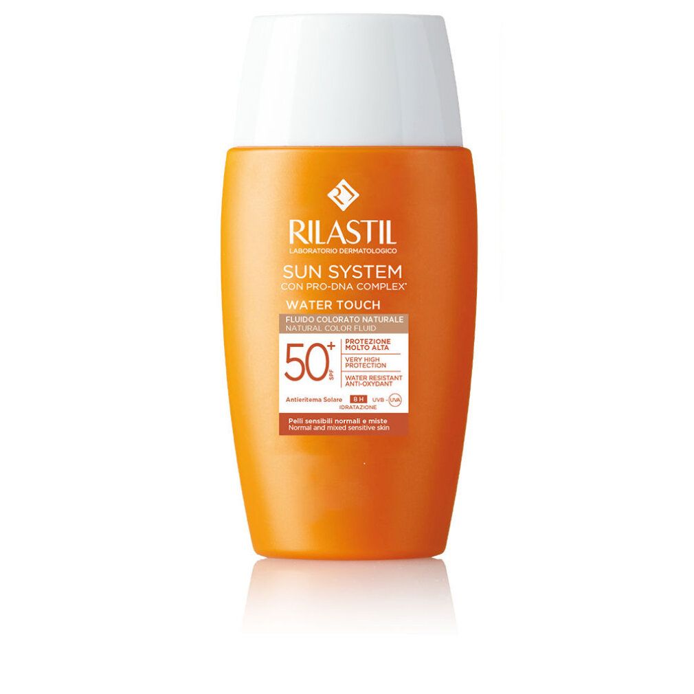 Orangefarbene Flasche mit weißem Deckel. Aufschrift: RILASTIL Sun System Water Touch Fluido SPF50+.
