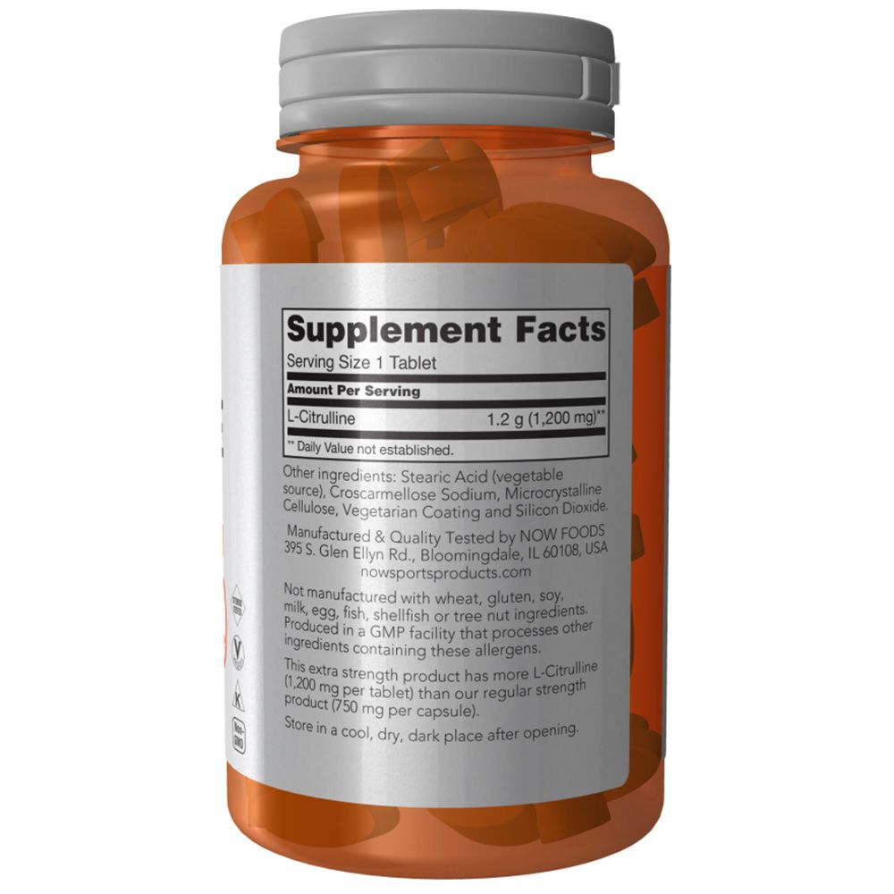 Rückseite der orangefarbenen Flasche. Weißes Etikett mit Nährwertangaben und Zutaten. Enthält 1,2 g L-Citrullin. Hergestellt von Now Foods.