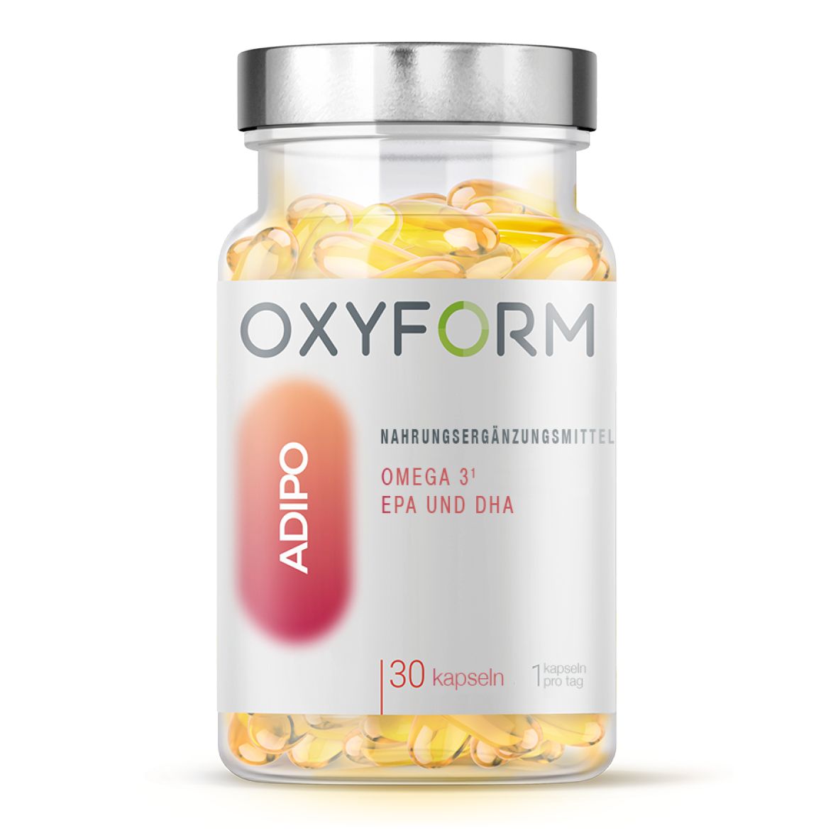 Glasflasche mit Kapseln. Aufschrift: OXYFORM, ADIPO, Omega 3, EPA und DHA. 30 Kapseln.