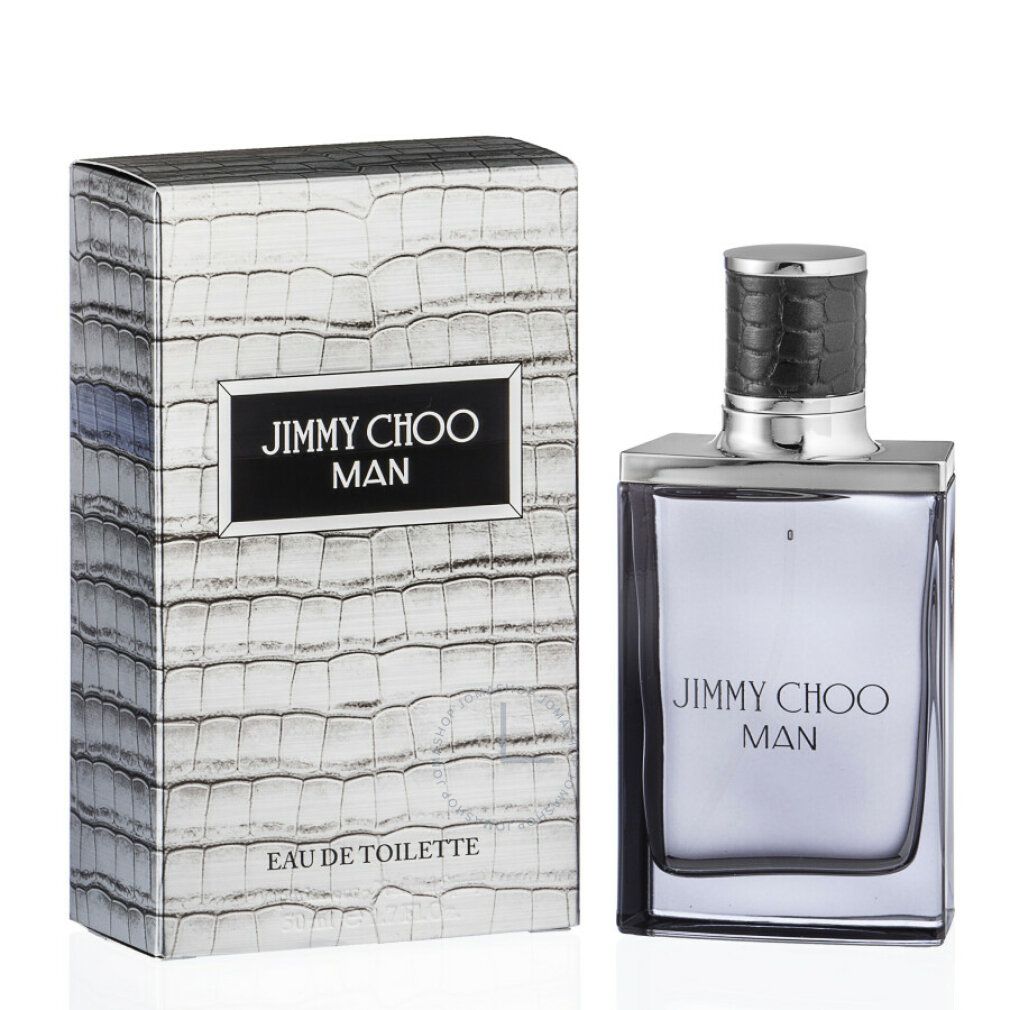 Parfümflasche und Schachtel. Flasche quadratisch, silberfarben. Schachtel mit Krokodilmuster, Aufschrift JIMMY CHOO MAN.