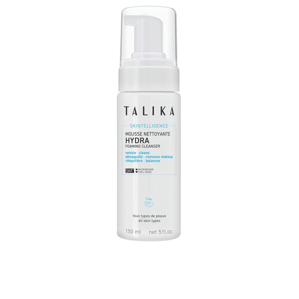 Weißer Flakon mit Pumpe. Aufschrift: Talika, Skintelligence Hydra, Mousse nettoyante visage, face foaming cleanser.
