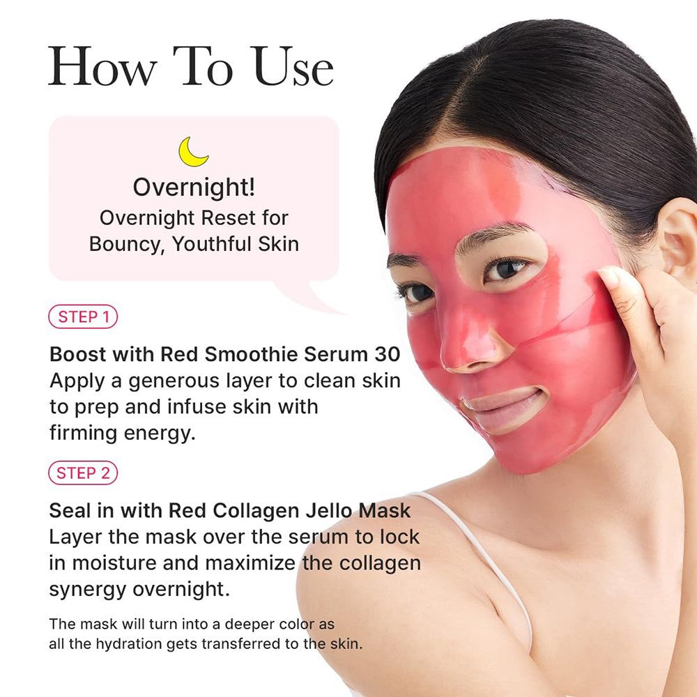 Frau mit roter Gesichtsmaske und Anwendungsanleitung.