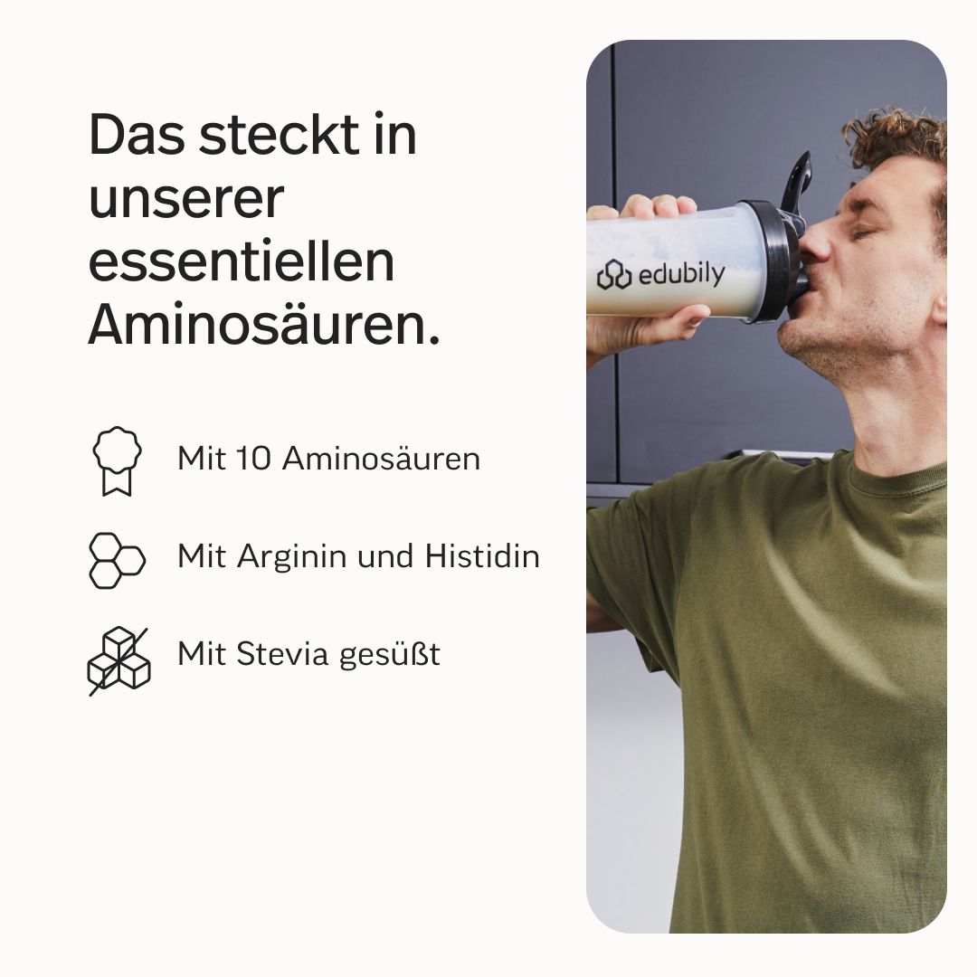 Mann trinkt aus edubily Shaker. edubily EAA+ enthält 10 Aminosäuren, Arginin, Histidin und ist mit Stevia gesüßt.