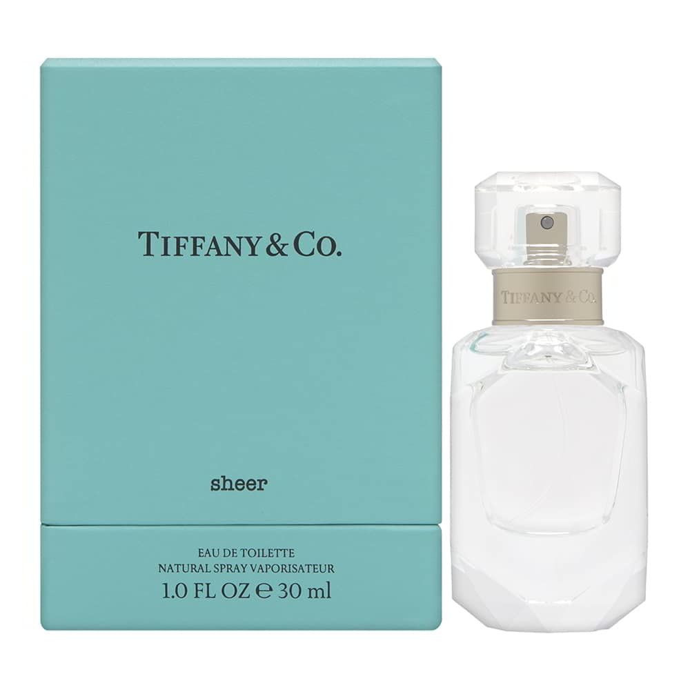 Türkisfarbene Schachtel und Parfumflakon. Auf der Schachtel steht "Tiffany & Co.", darunter "sheer". Der Flakon ist transparent.