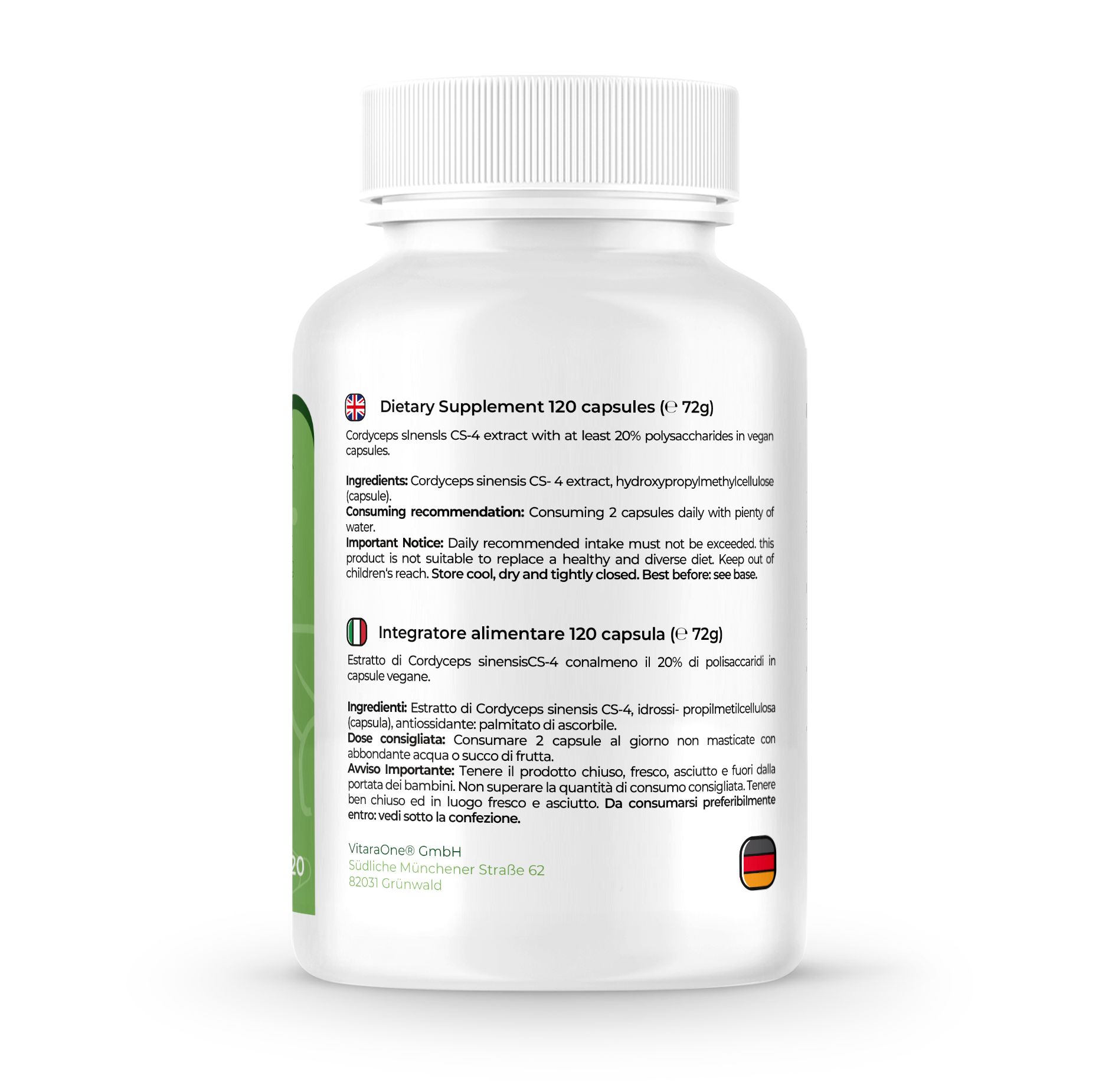 Rückseite einer weißen Flasche. Text: Nahrungsergänzungsmittel. 120 Kapseln. Inhaltsstoffe und Verzehrempfehlung. Vegan-Siegel.