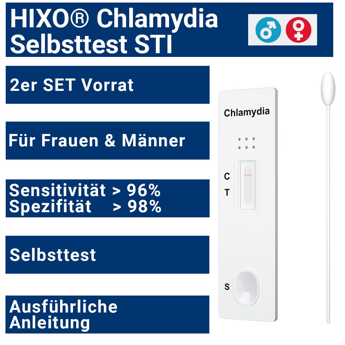 HIXO Chlamydien Selbsttest STI. Enthält eine Testkassette, einen Abstrichtupfer und Informationen. Für Frauen und Männer.