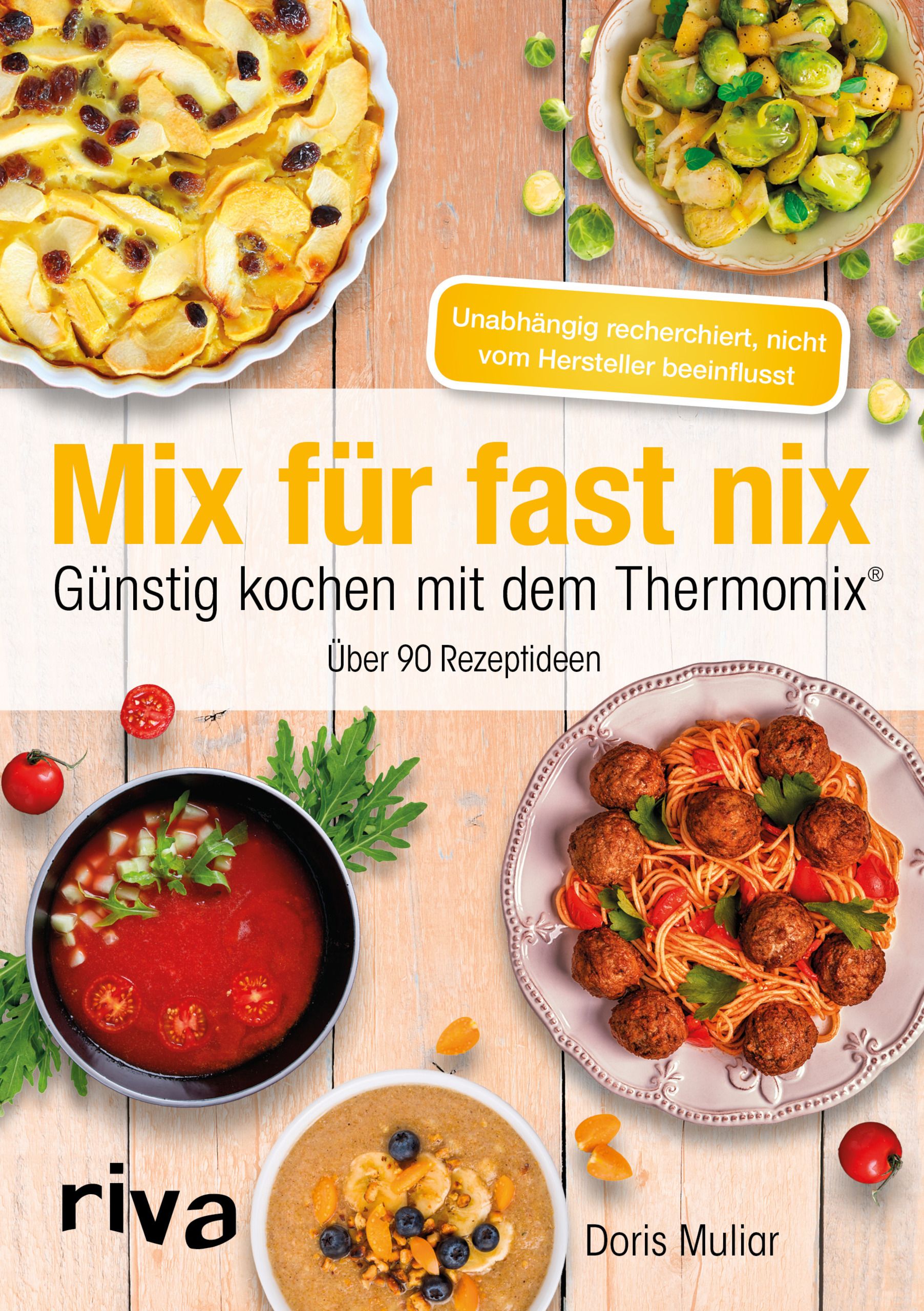 Buchcover: "Mix für fast nix". Titel, Untertitel, Autorin und Logos sichtbar. Verschiedene Gerichte als Fotos.