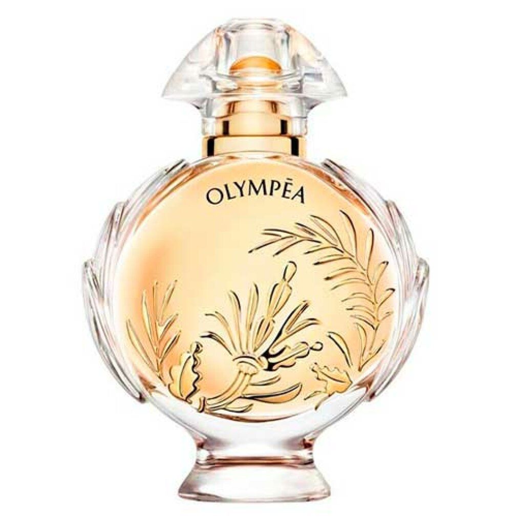 Olympéa Solar Flakon. Rund, goldfarbenes Glas mit goldenen Verzierungen. Transparenter Verschluss.