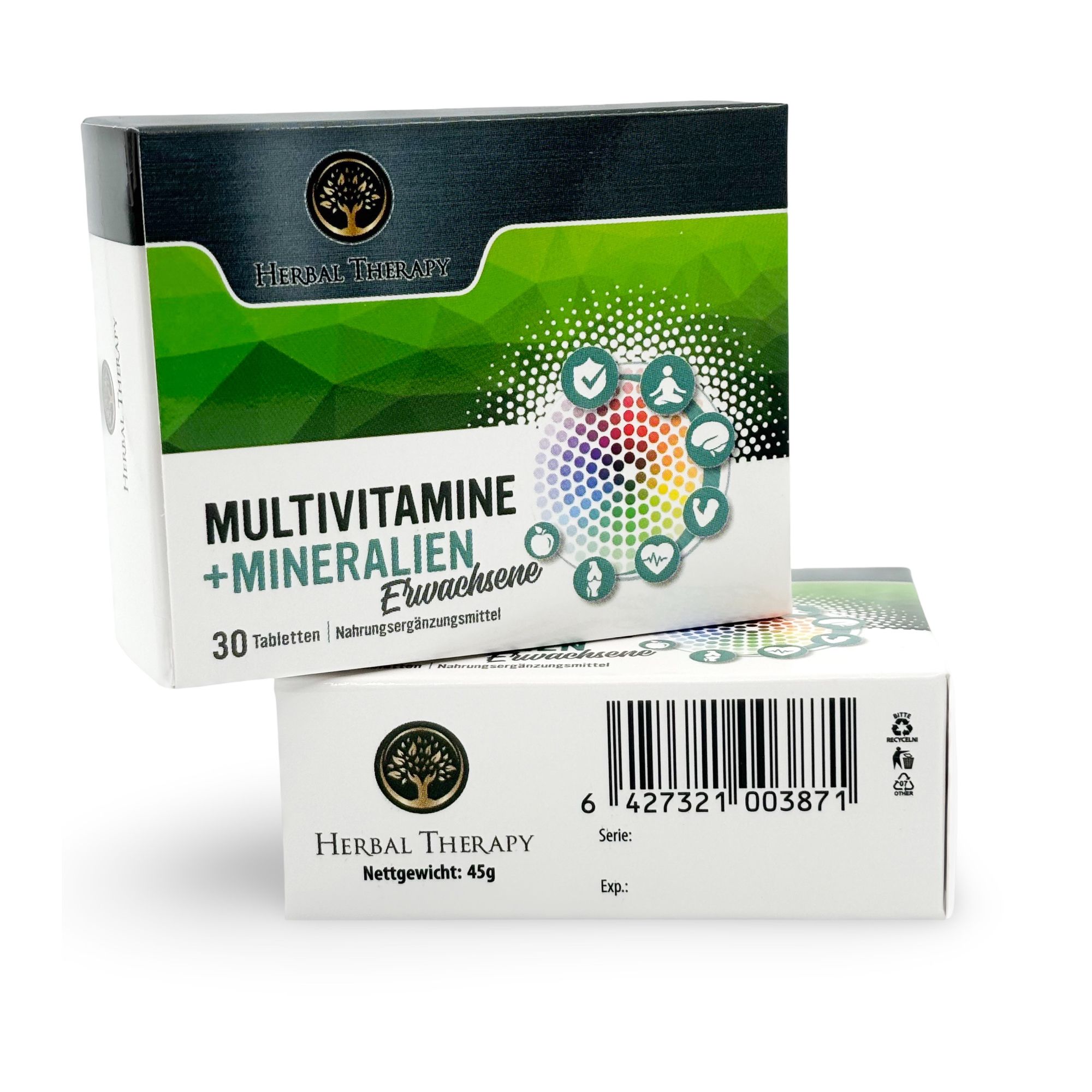 Zwei "Herbal Therapy"-Verpackungen. Eine steht, eine liegt. Produktbezeichnung und Logo sichtbar. Nettogewicht: 45g.