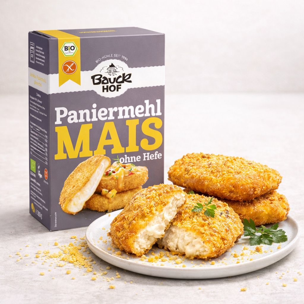 Bauckhof Mais Paniermehl glutenfrei Packung mit panierten Schnitzeln.