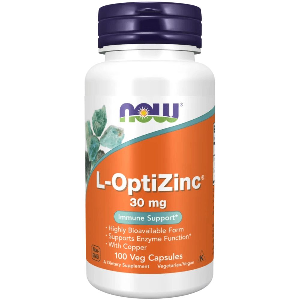 Weiße Flasche mit blauem Deckel. Aufschrift: L-OptiZinc, 30 mg, Immune Support, 100 Veg Capsules. Marke: NOW.