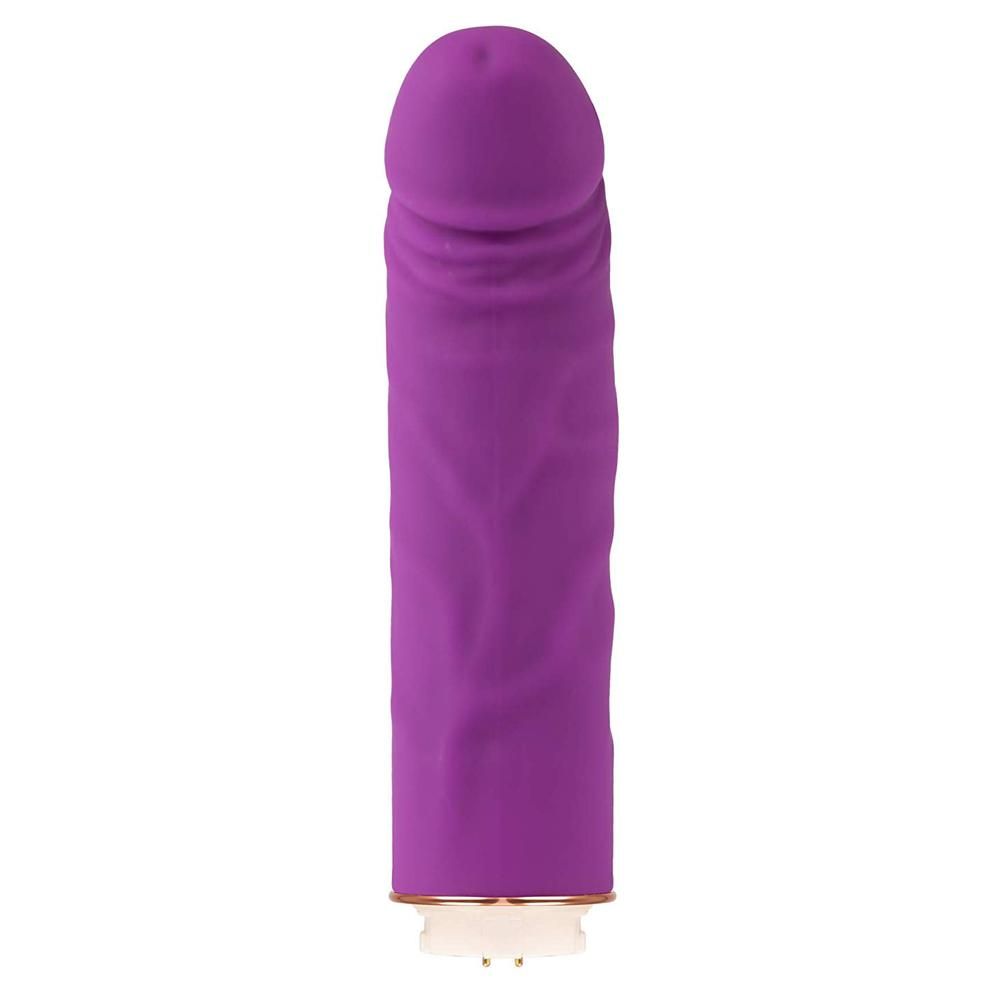 Ein einzelner, violetter Vibrator in Penisform. Goldfarbener Akzent am unteren Ende.