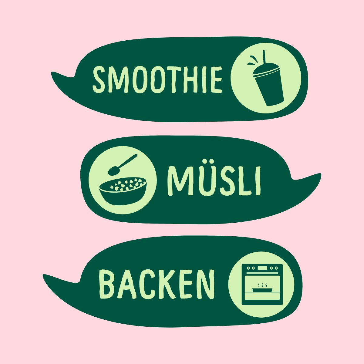 Grüne Sprechblasen mit Text und Symbolen. Smoothie, Müsli und Backen.