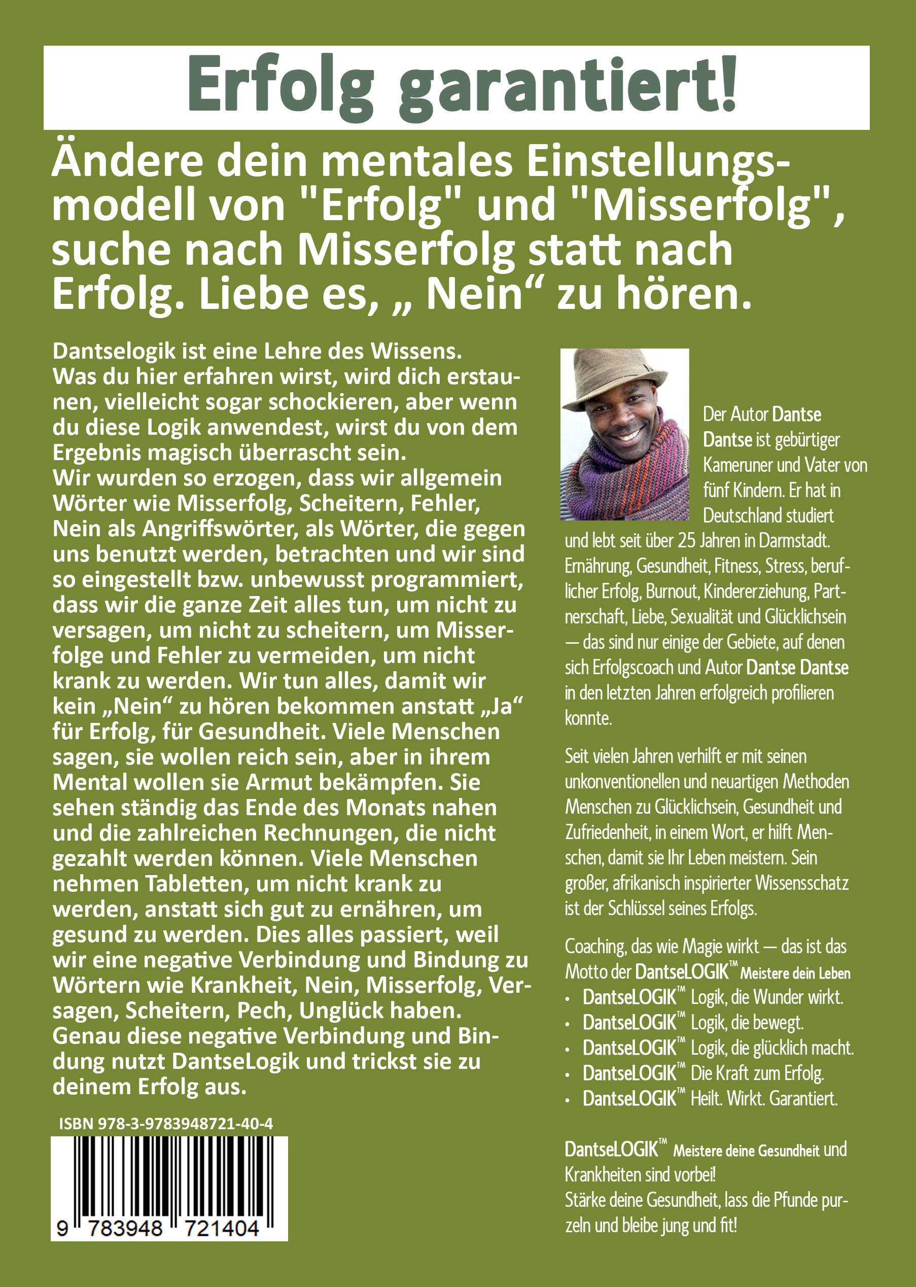 Buchrückseite mit Text. Foto des Autors. ISBN-Code und Barcode. Titel: "Erfolg garantiert!"