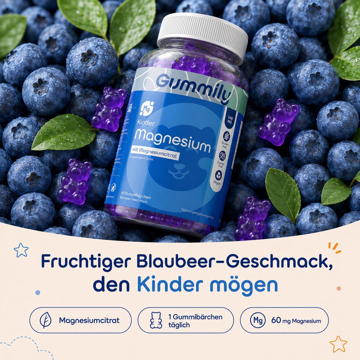 Gummily Kinder Magnesium Flasche umgeben von Blaubeeren; Fruchtiger Blaubeergeschmack.
