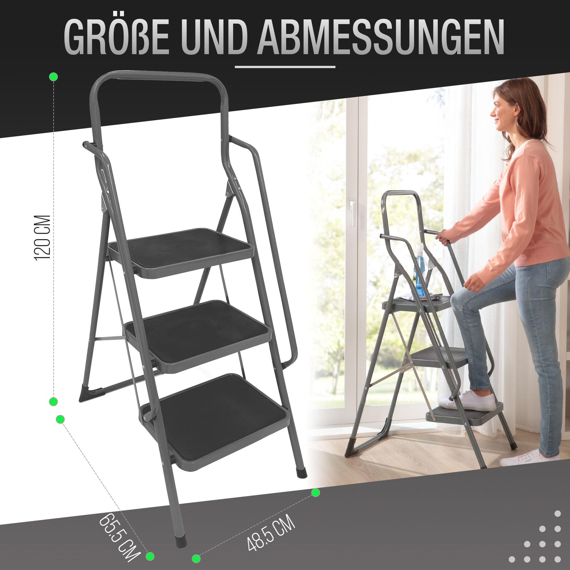 ELONEO Stehleiter 3 Stufen, extra dicke Handläufe, rutschsichere & große Trittflächen