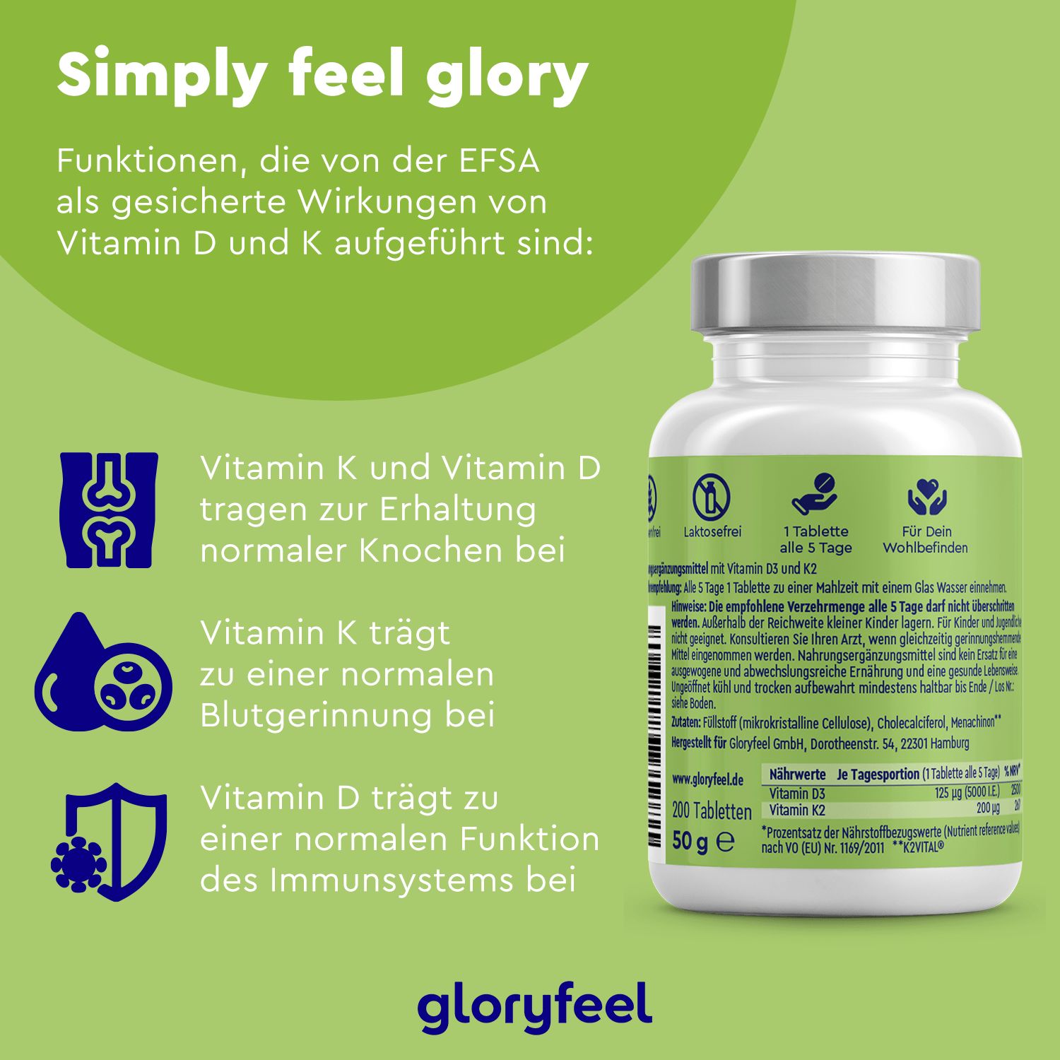 gloryfeel® Vitamin D3 K2 (K2VITAL® von Kappa) 5.000 I.E. Tabletten 200