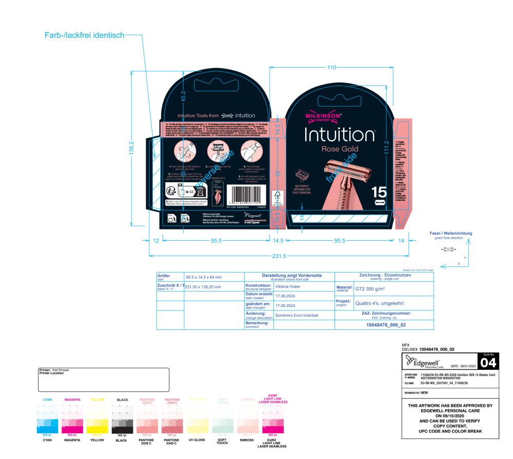 Verpackungsdesign für Wilkinson Sword Intuition Rose Gold Rasierklingen und Rasierer.