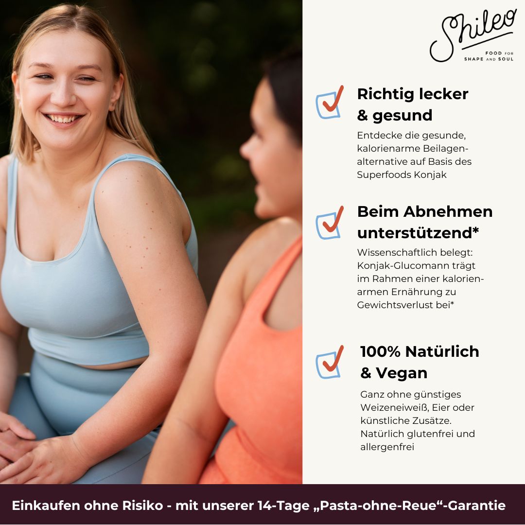 Zwei Frauen lächeln. Text: Richtig lecker & gesund, Beim Abnehmen unterstützend, 100% Natürlich & Vegan. Logo: Shileo.