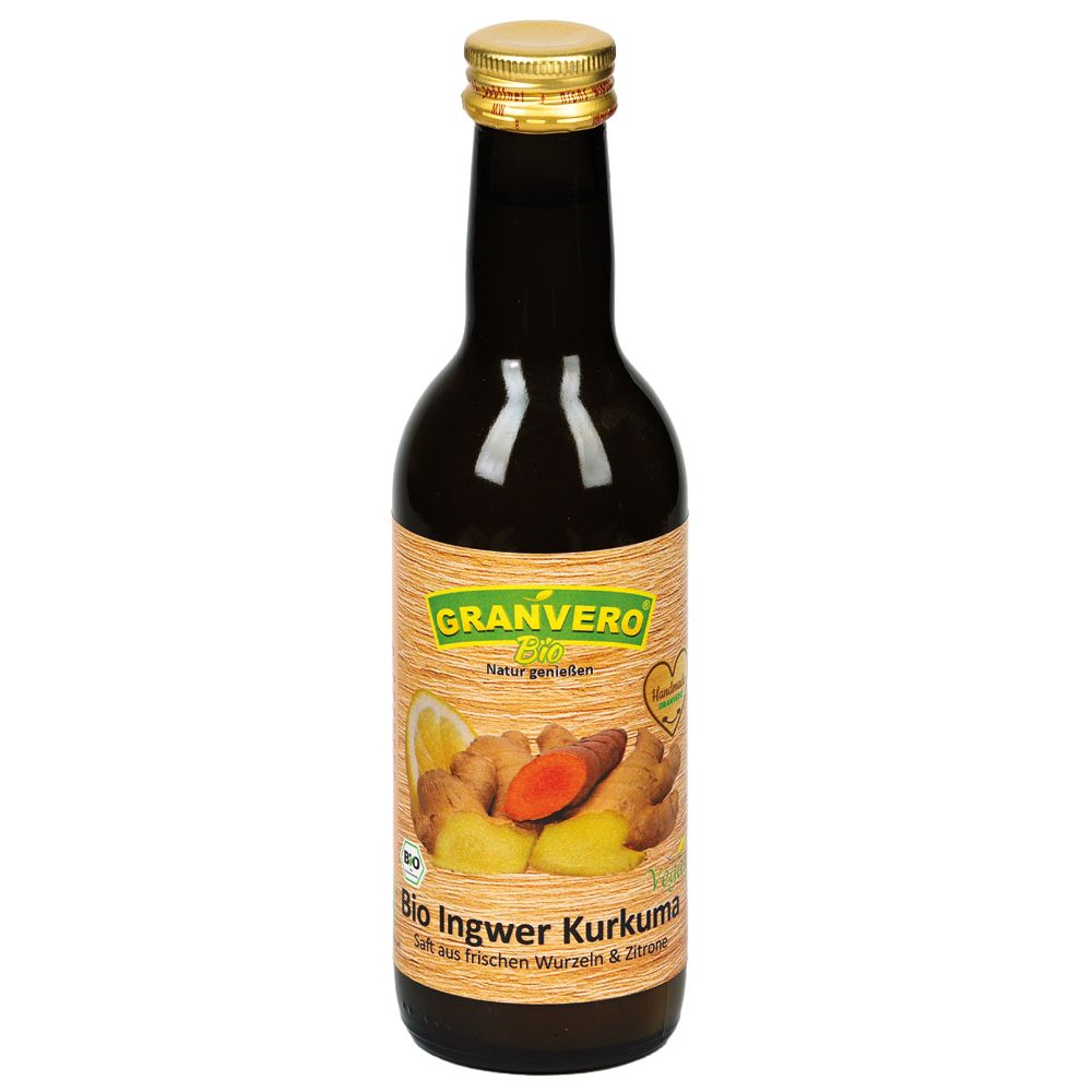 Braune Glasflasche mit goldfarbenem Verschluss. Etikett mit Granvero Bio Ingwer-Kurkuma Saft, Ingwer- und Kurkumawurzeln.