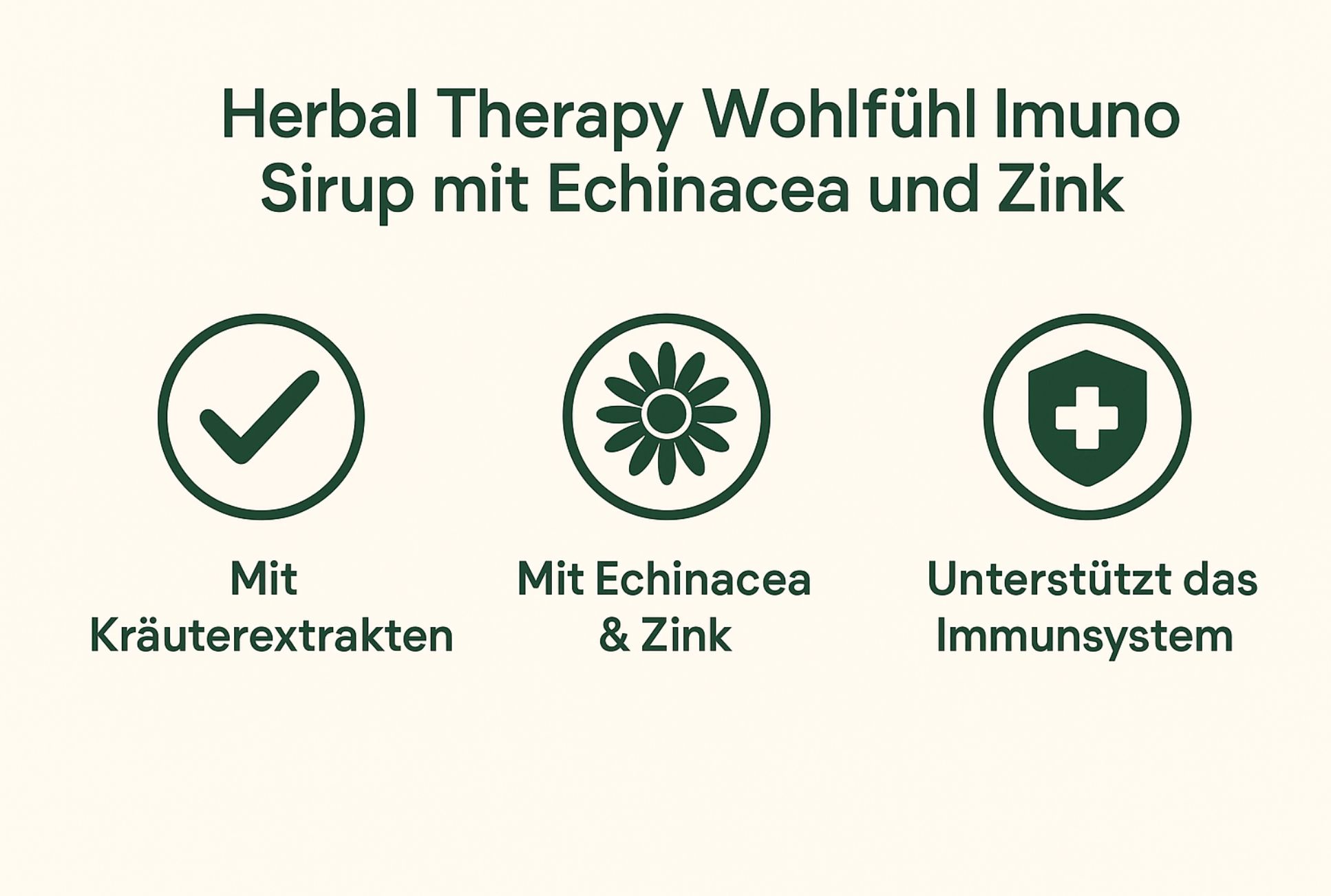 Grafische Darstellung mit Symbolen. Aufschrift: Herbal Therapy Wohlfühl Imuno Sirup mit Echinacea und Zink. Mit Kräuterextrakten, Echinacea & Zink, Immunsystem.