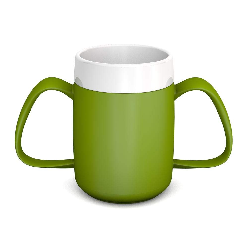 Becher mit zwei Griffen, grün und weiß. Innen weiß, außen grün. Zwei gebogene Griffe. Trinkbecher.