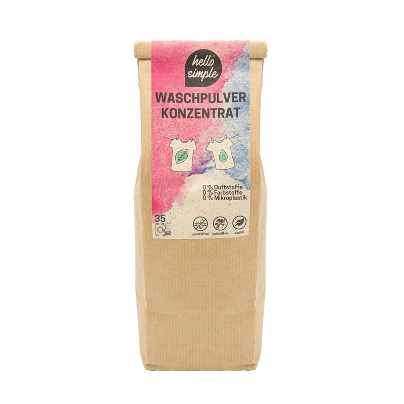 Beutel mit Waschpulverkonzentrat. Aufdruck: hello simple, Waschpulver Konzentrat, 35 Wäschen. Mit Logos für Nachhaltigkeit.