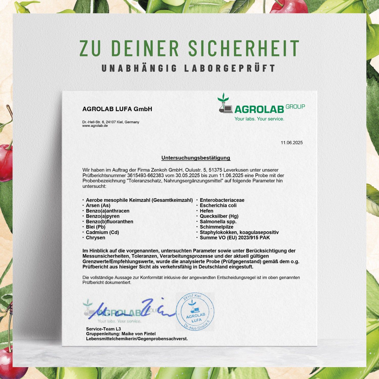 Zertifikat von AGROLAB LUFA GmbH. Unterschrift, Stempel. Angaben zu Untersuchungsergebnissen. Logo.