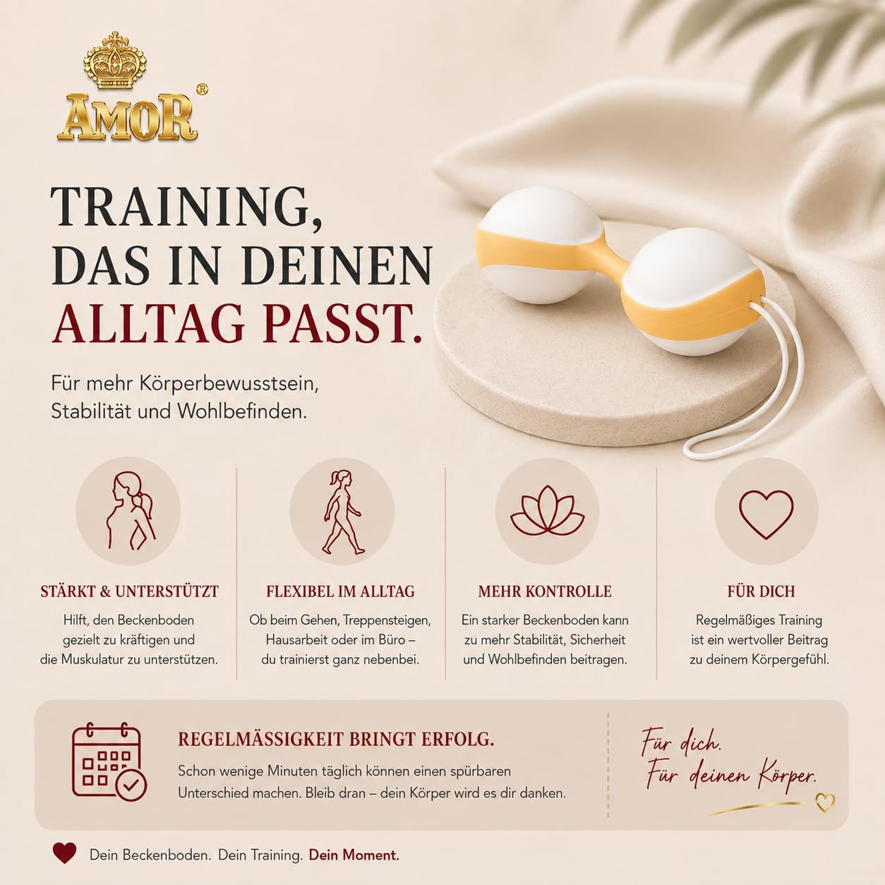 Duo-Ball-Beckenbodentrainer in Weiß und Orange, mit Text und Grafiken.