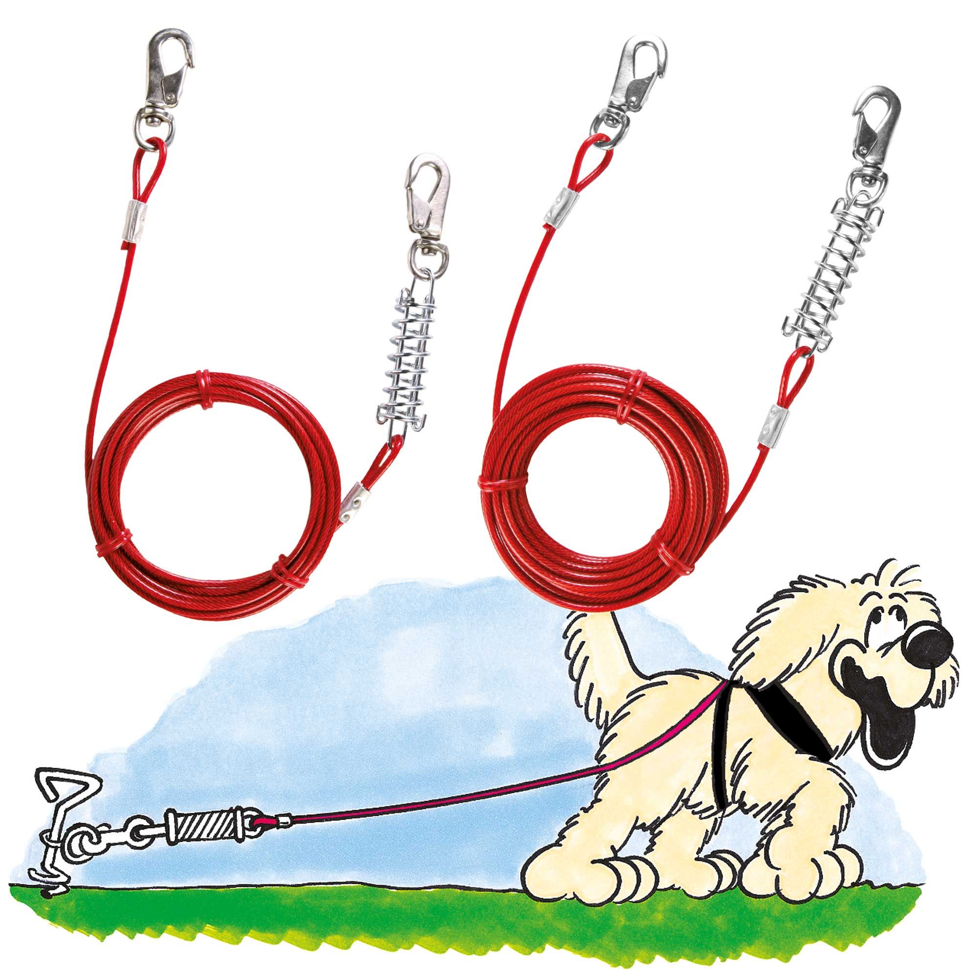 Drei rote Auslaufleinen mit Federung und Karabinerhaken. Cartoon-Hund.