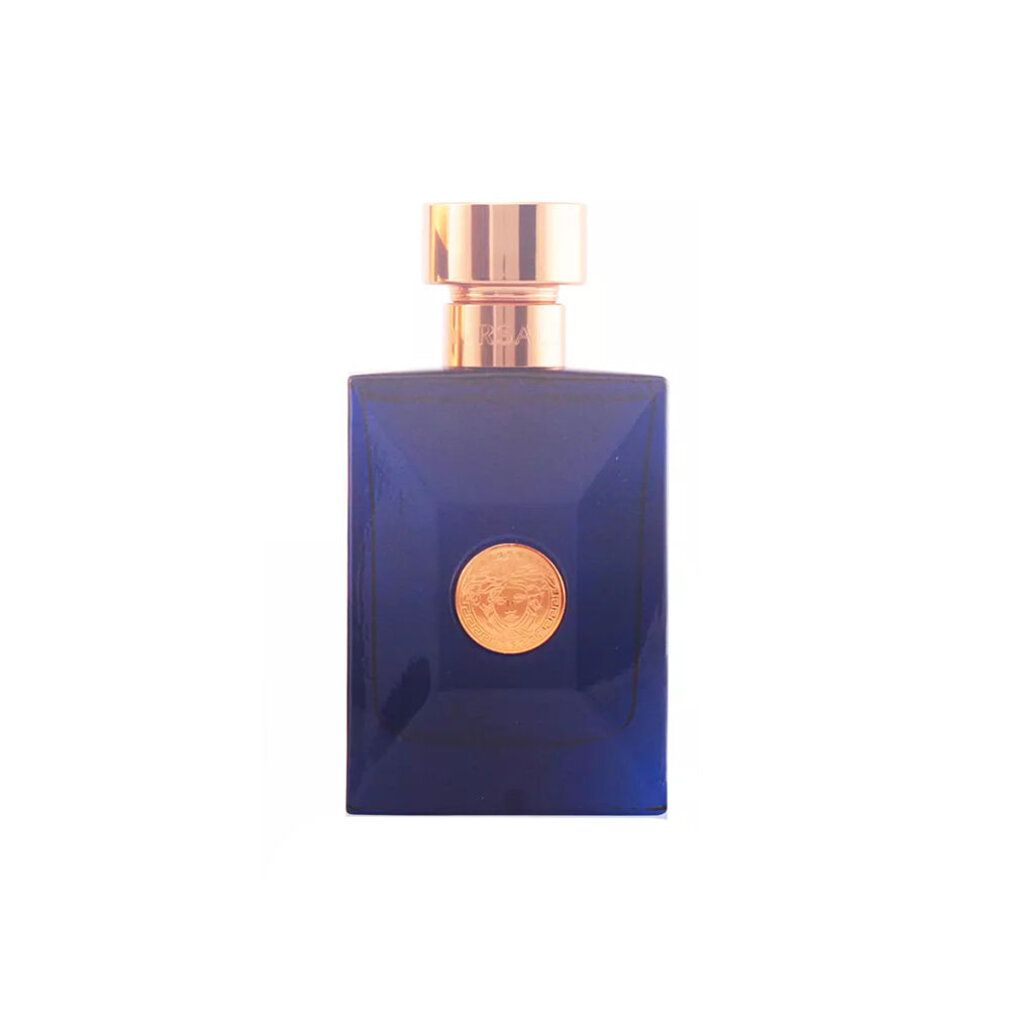 Blauer Flakon mit goldenem Verschluss und Medusa-Logo. Eckige Form. Eau de Toilette.