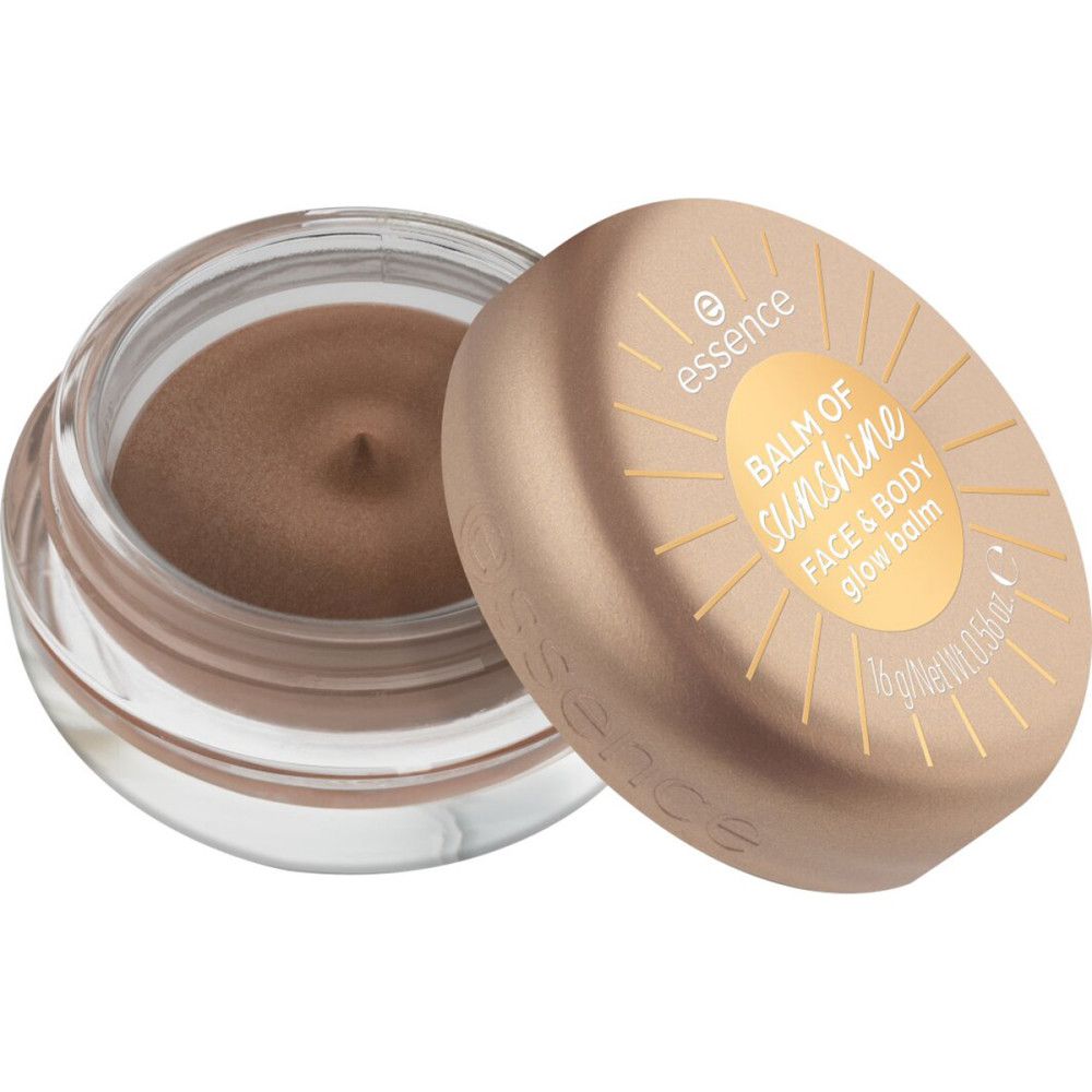 Geöffneter Tiegel mit goldfarbenem Deckel. Aufschrift: Balm of Sunshine, Face & Body Glow Balm. Marke: essence. Inhalt: 16 g / Net Wt. 0.56 oz.