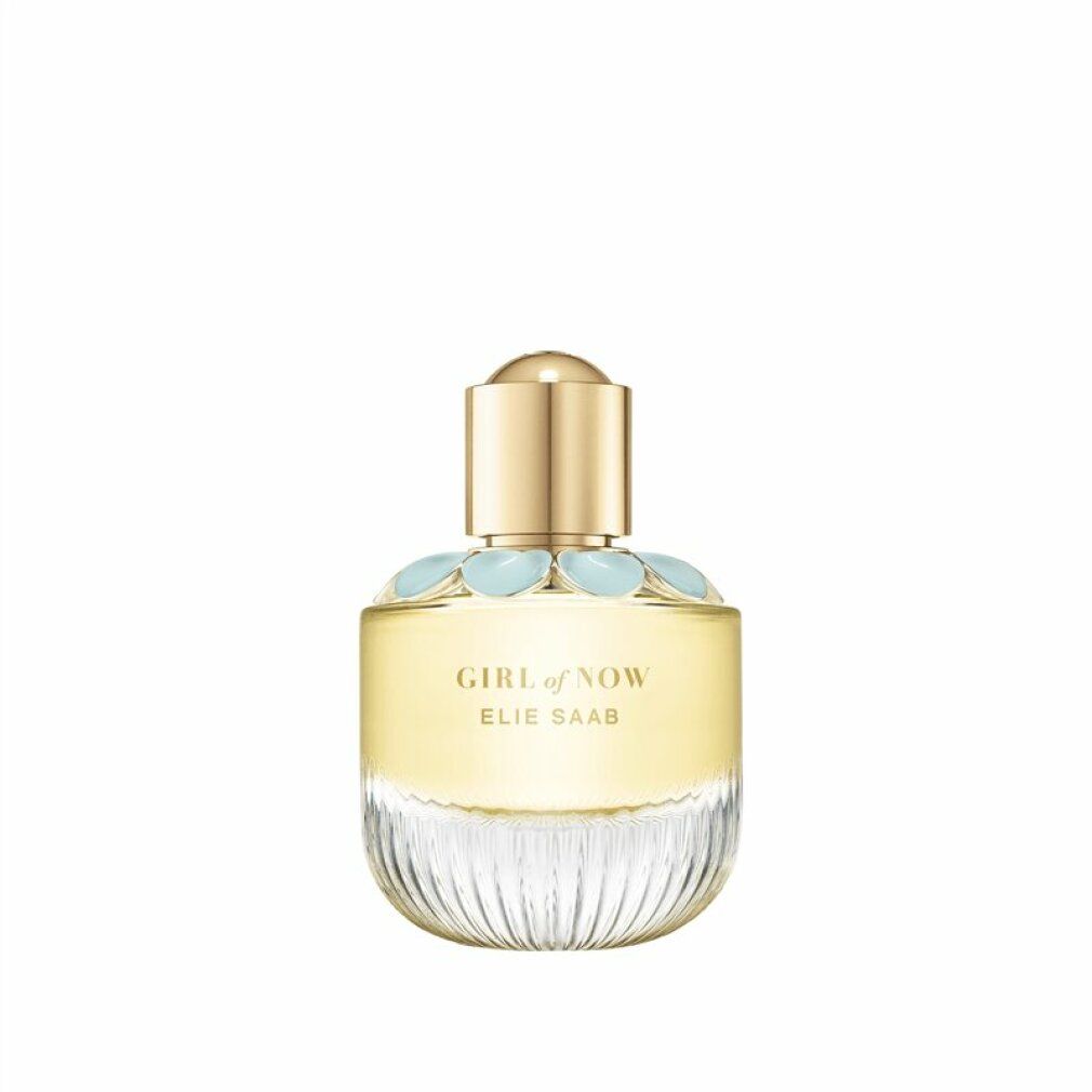 Elie Saab Girl of Now Eau de Parfum Flakon, goldener Verschluss, hellblaue Blütenapplikationen.