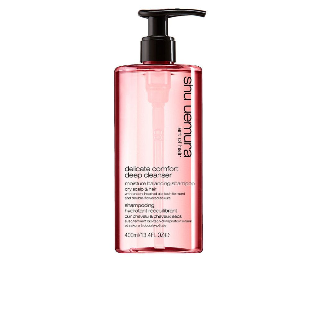 Rosa Shampoo-Flasche mit schwarzem Pumpkopf. Text: delicate comfort deep cleanser, 400ml/13.4FL.OZ.e.