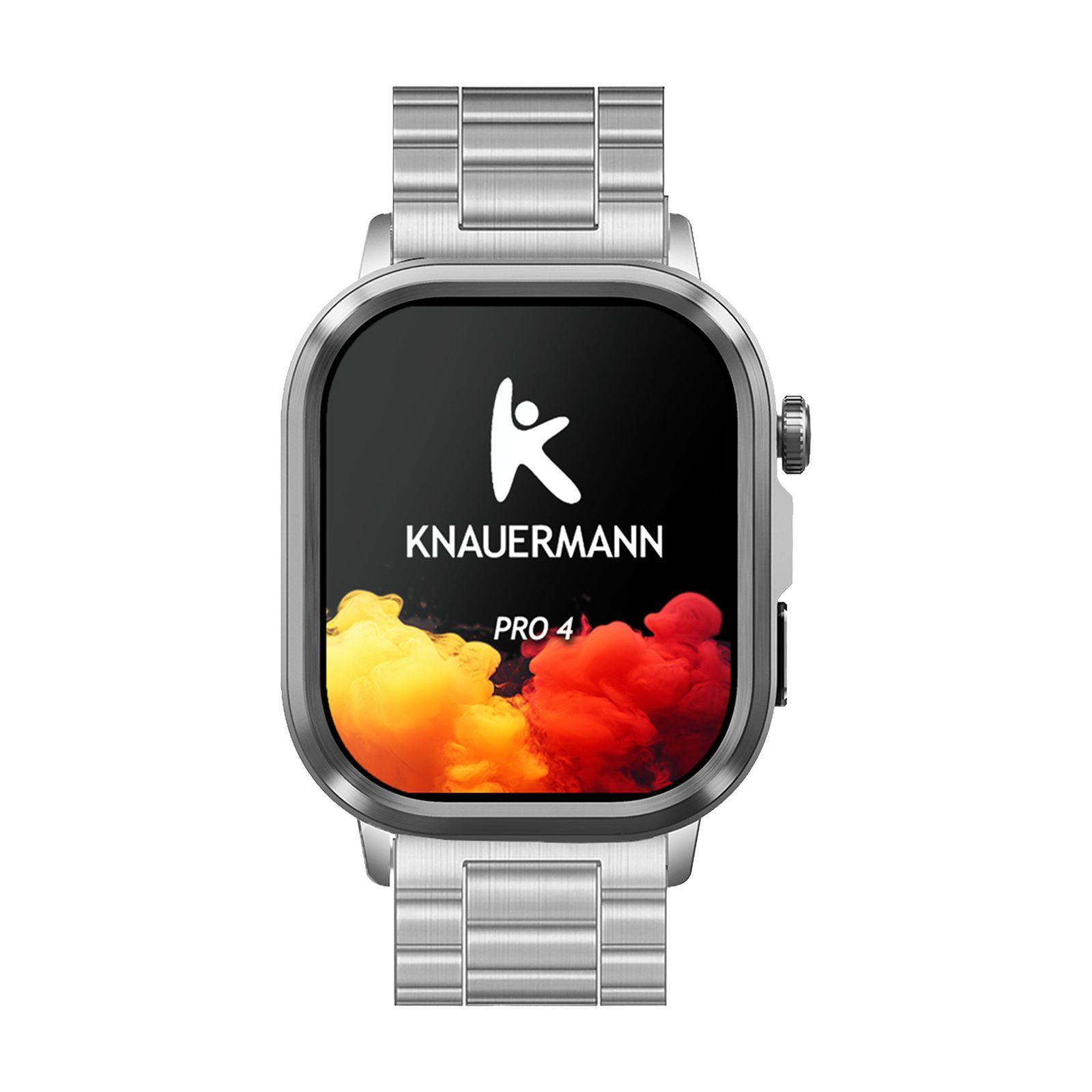 Silberne Smartwatch mit Metallarmband. Auf dem Display: Knauermann PRO 4, Logo und farbiger Hintergrund. Seitliche Knöpfe.
