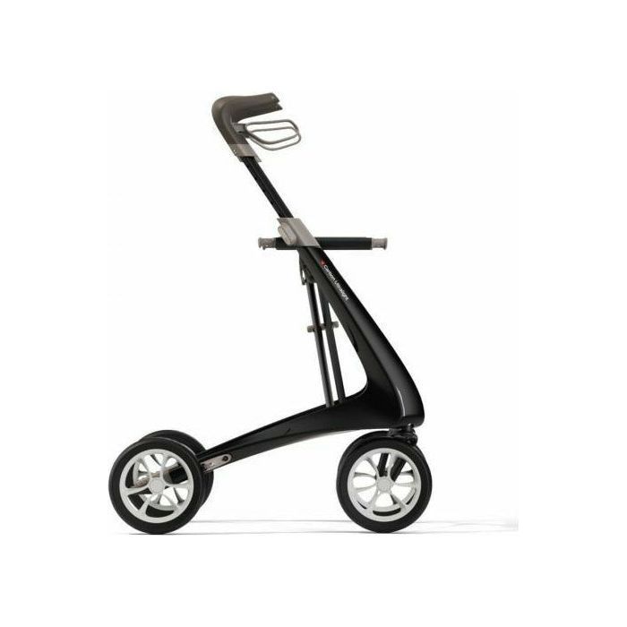 Schwarzer Rollator mit vier Rädern. Der Griff ist grau. Das Produkt hat den Markennamen ACRE.