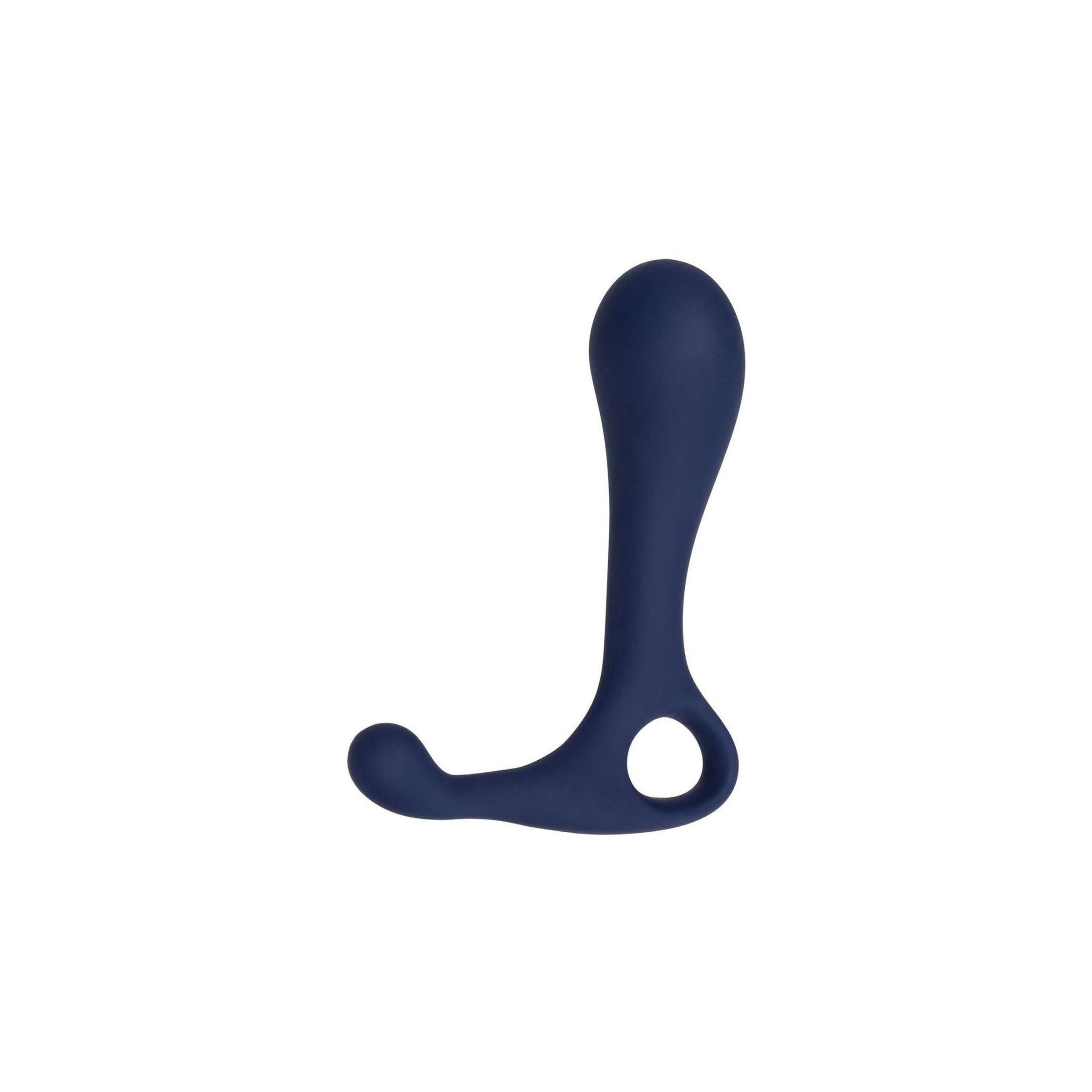Dunkelblaue, ergonomisch geformte Silikon-Probe. Form: gebogen mit einem Loch.