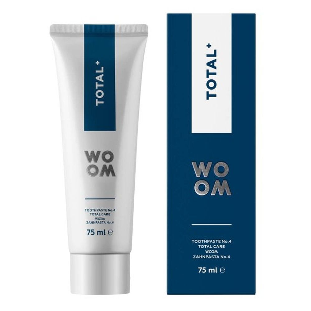 Zahnpasta-Tube und Schachtel. Tube weiß mit blauem Streifen und Schriftzug TOTAL+. Schachtel blau mit Logo und Text.