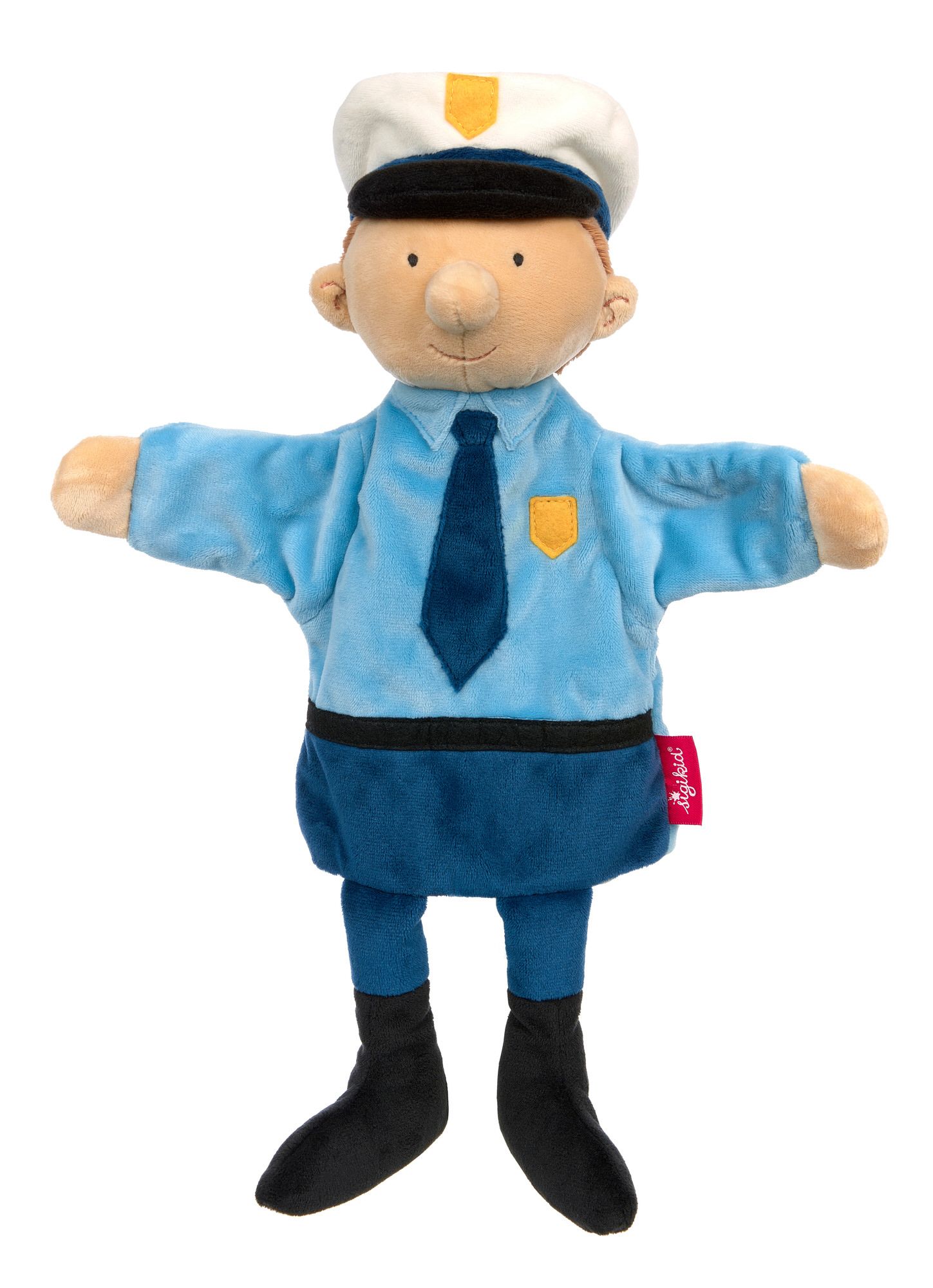 Handpuppe Polizist, blaues Hemd, Krawatte, Hut. Schwarze Stiefel. Rotes Etikett mit "sigikid".