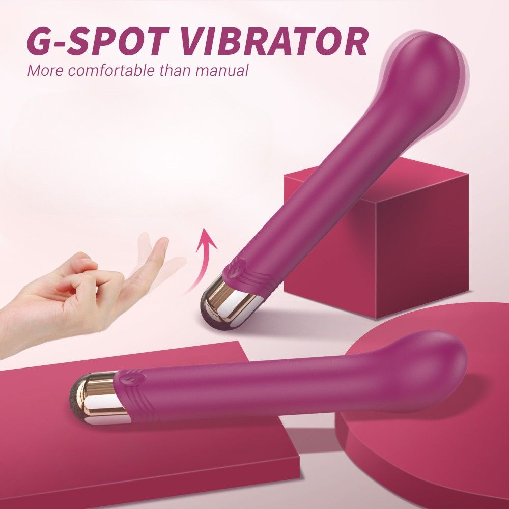 Zwei lila Vibratoren. Text: G-SPOT VIBRATOR. Auf rotem Podest. Hand zeigt auf Produkt.
