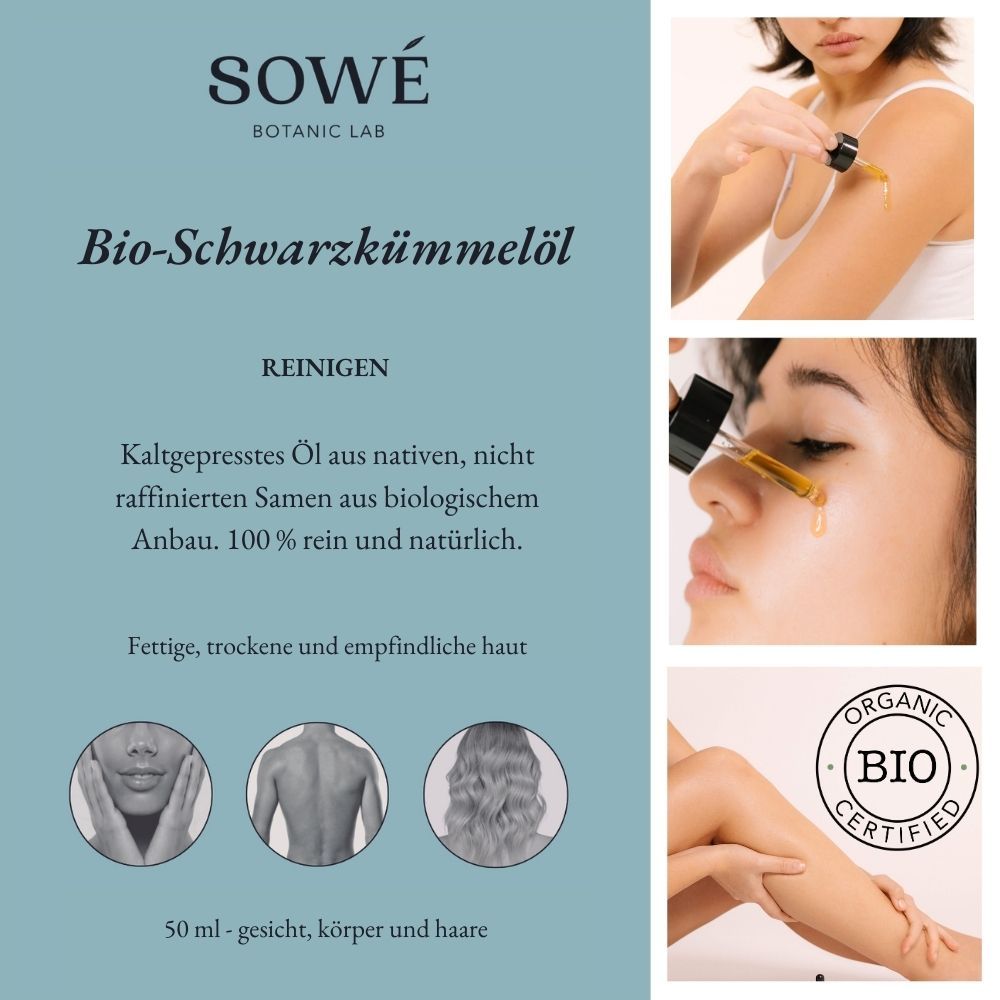Werbefläche mit "SOWÉ Botanic Lab Bio-Schwarzkümmelöl". 3 Fotos: Anwendung auf Gesicht, Rücken, Haare. Bio-Siegel.
