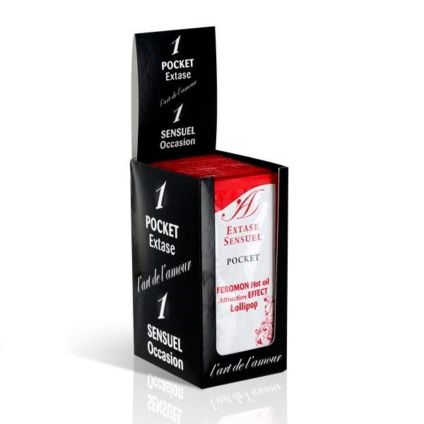 Verpackung mit 12 Einzelportionen 'Extase Sensuel Pocket' Lutscher mit Pheromon-Hot-Öl.