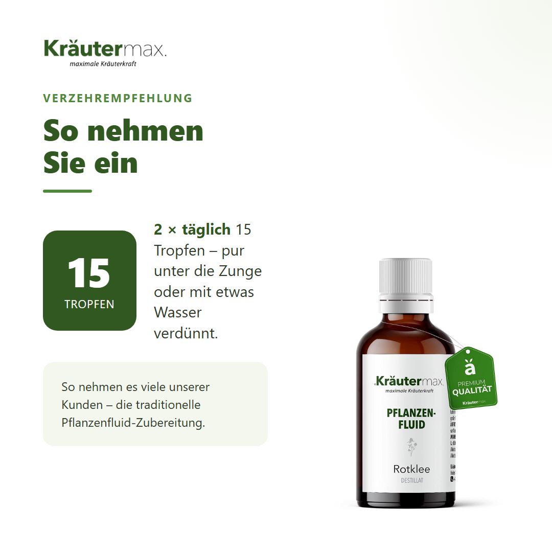 Anwendungsempfehlung: 2x täglich 15 Tropfen pur oder verdünnt. Kräutermax Rotklee Fluid Tropfflasche.