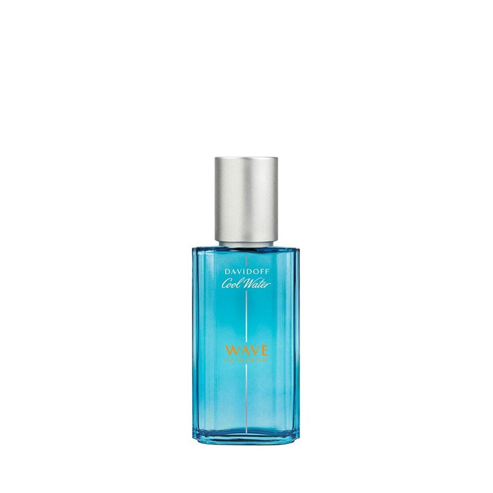 Hellblaues Parfümflakon mit silbernem Deckel. Aufschrift: Davidoff Cool Water Wave. Orangefarbener Schriftzug: WAVE Eau de Toilette.